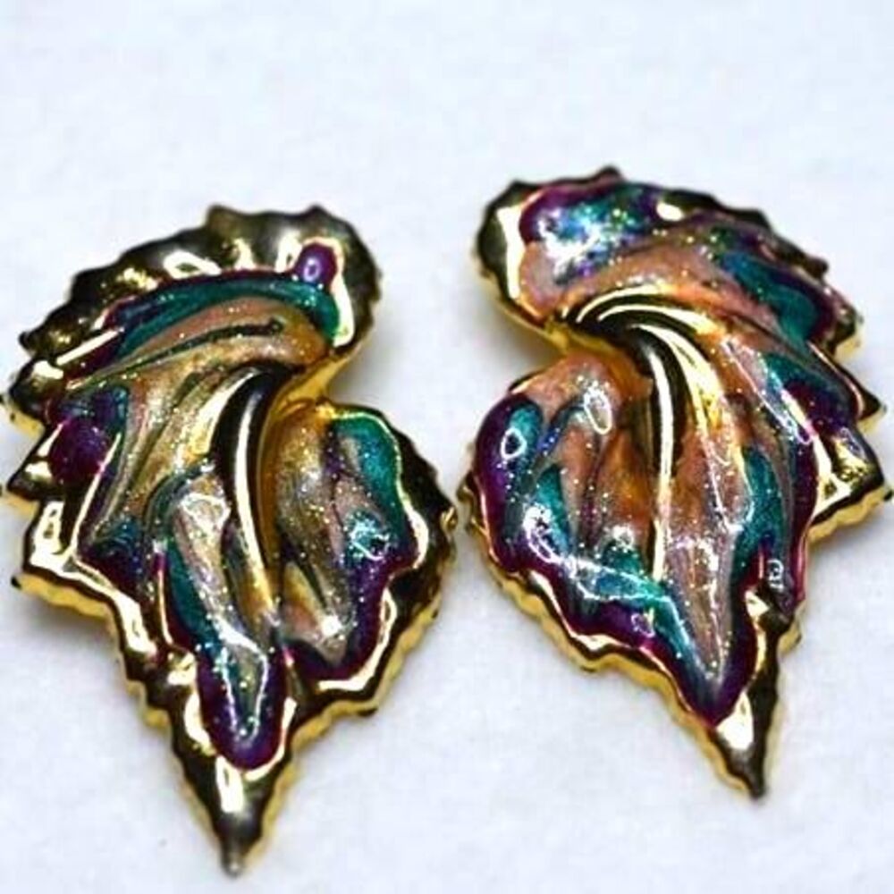 Artistic Vintage Glitter Multi Color Enamel Gold Tone Post Earrings Like New